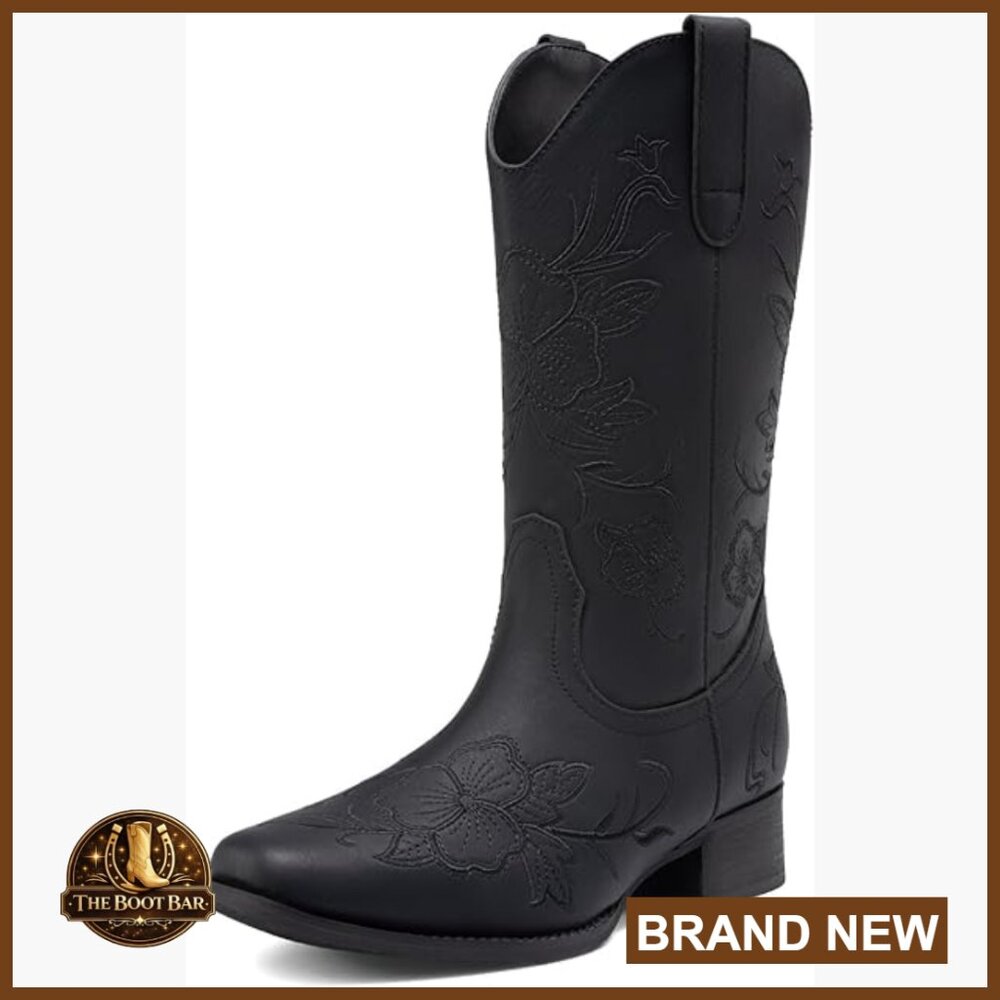 Women's Western Cowboy Boots Square Toe Embroidered Mid Calf Low Heel